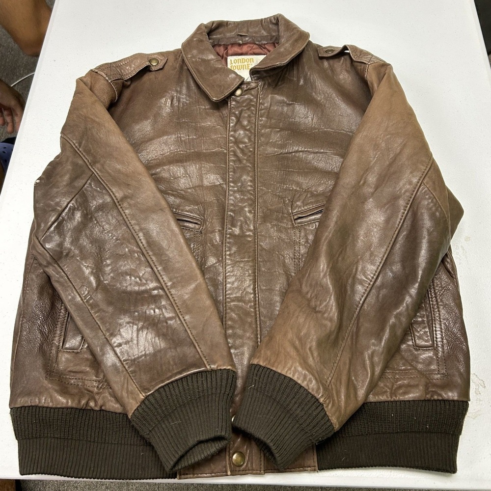 London Fog London Towne Bomber Jacket Mens L Brown Leather Aviator Distressed